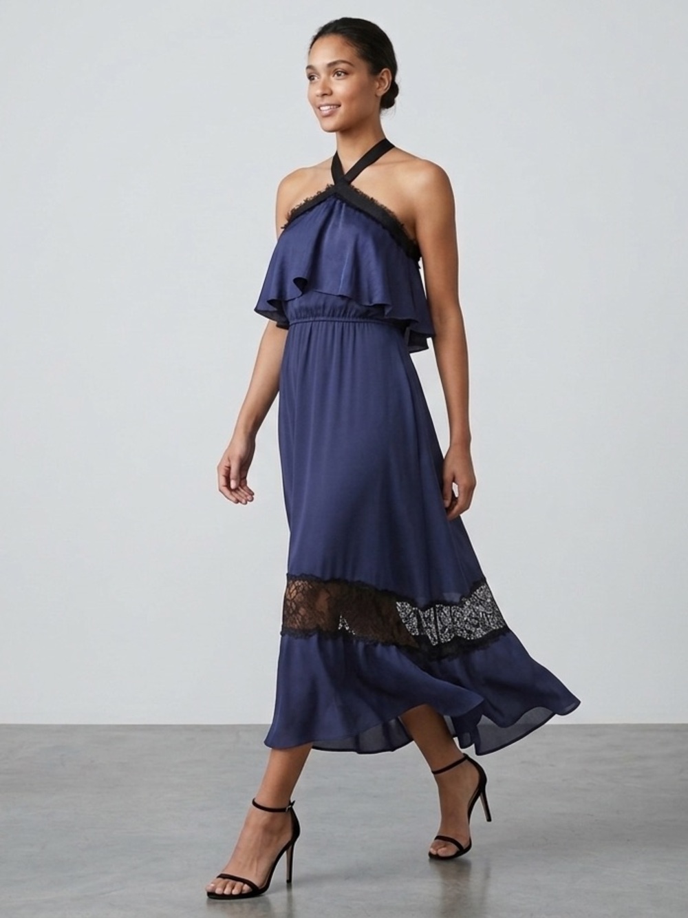 Aqua Popover Lace Inset Halter Silky Midi Dress in Blue/Black size Medium